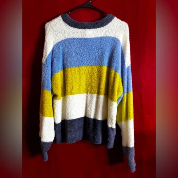 #308-AERIE Plush Colorblock Crewneck Sweater Blue/Yellow/White/Lgt.Blue XS - Picture 3 of 3